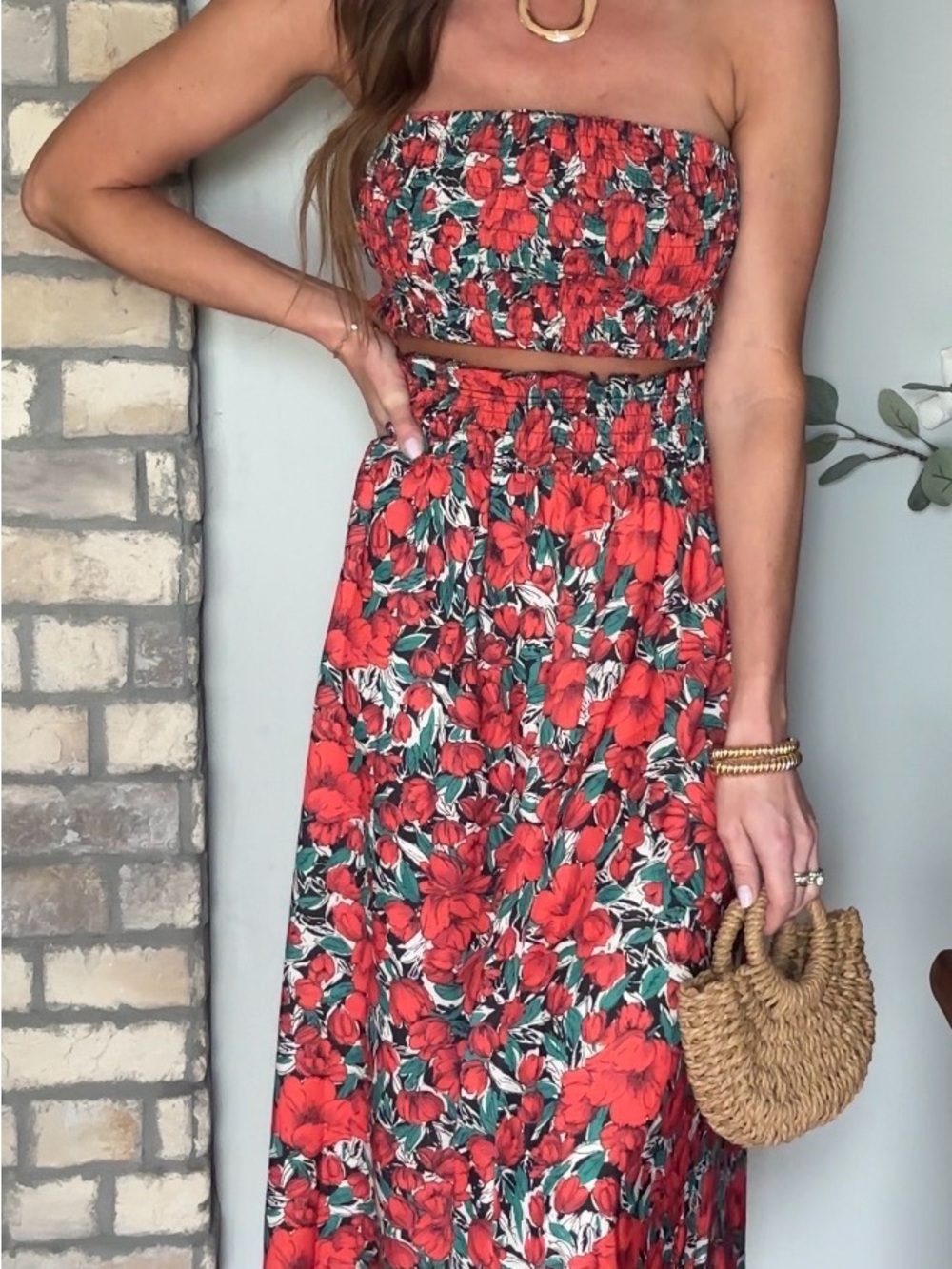 Floral Red Smocked Maxi Skirt - Unbranded